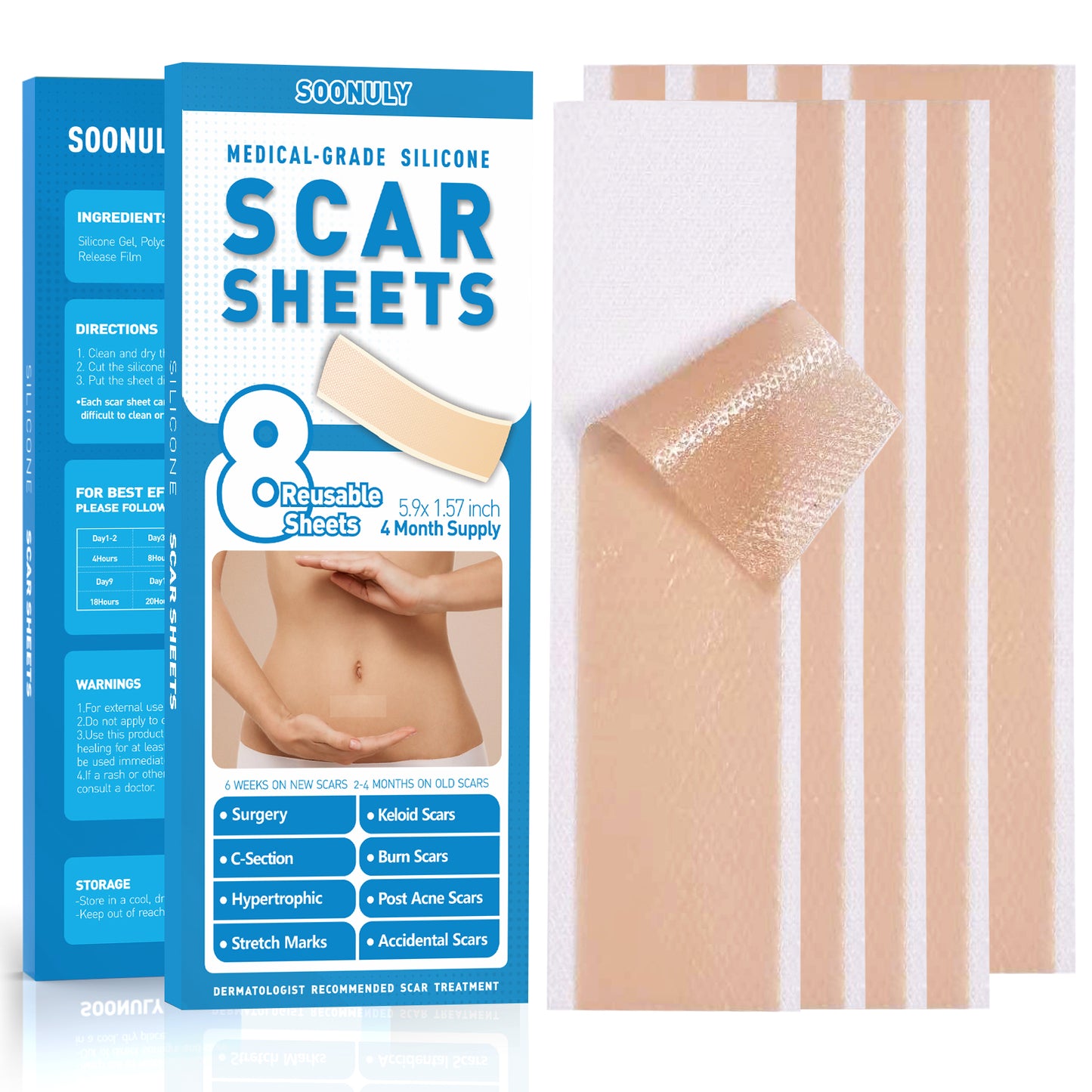 Silicone Scar Sheets 8 Pack - 5.9" x 1.57", Soonuly Silicone Bandage for Old New Scars